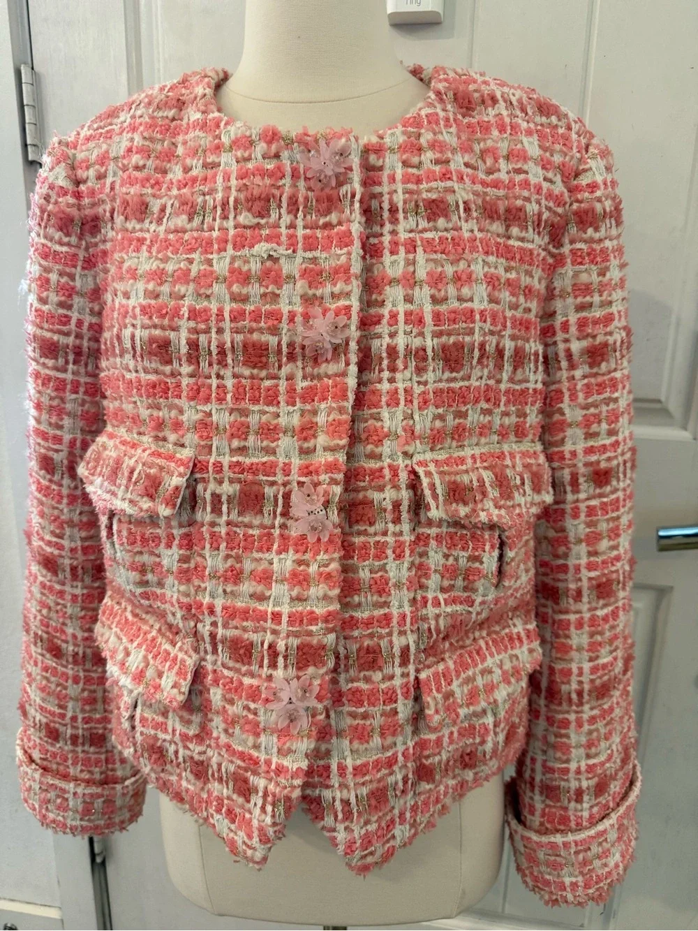Marie Elie Paris Pink Tweed Jacket Classic Bouclé floral snaps size 40